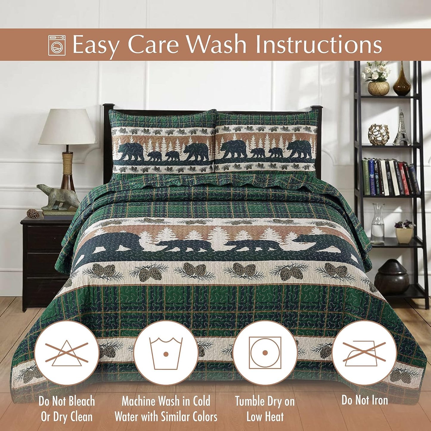 Cottage Bear Green & Brown 3 Piece Bedspread Set