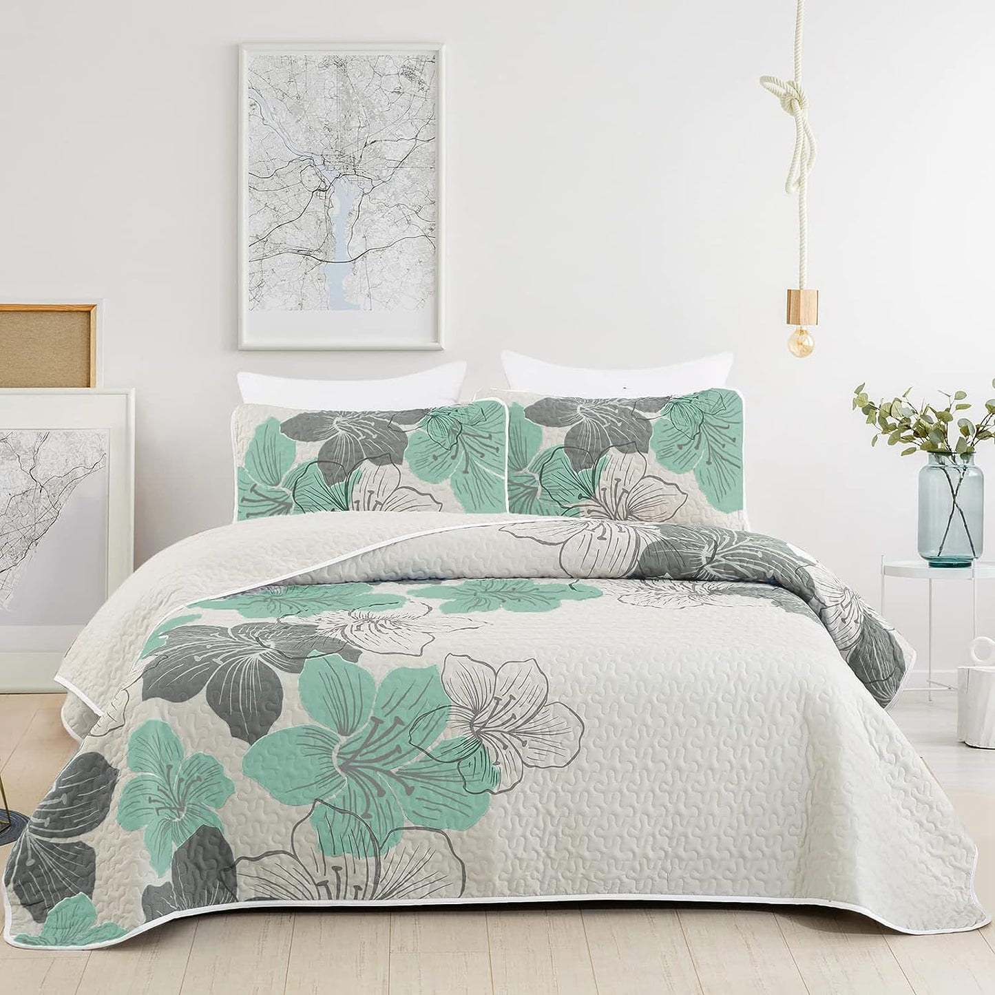 Green Bohemian Floral 3 Piece Bedding Quilt Set
