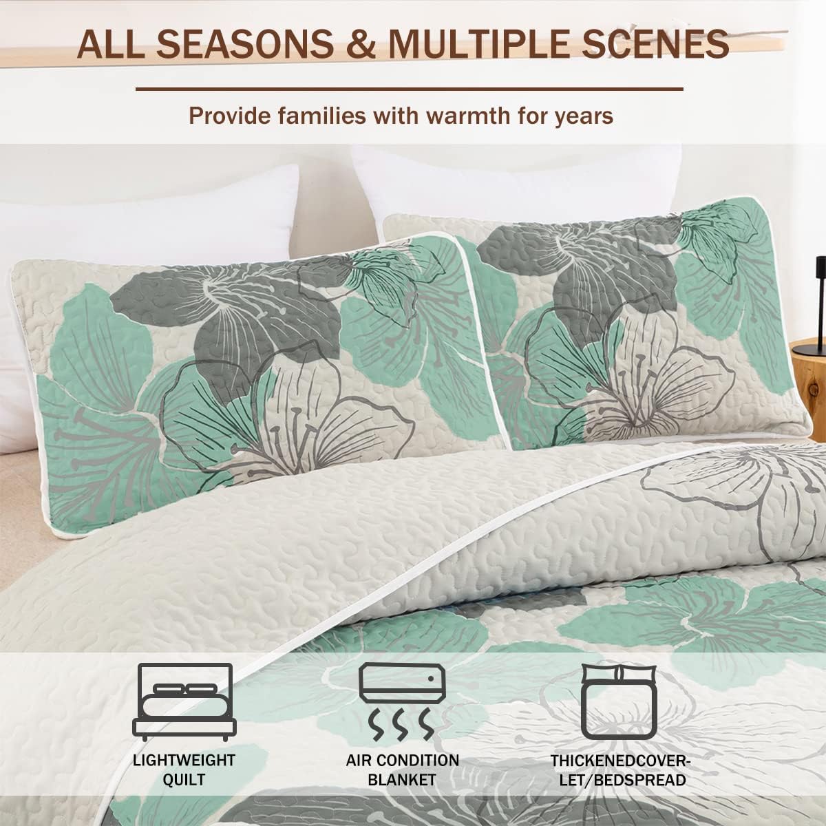 Green Bohemian Floral 3 Piece Bedding Quilt Set