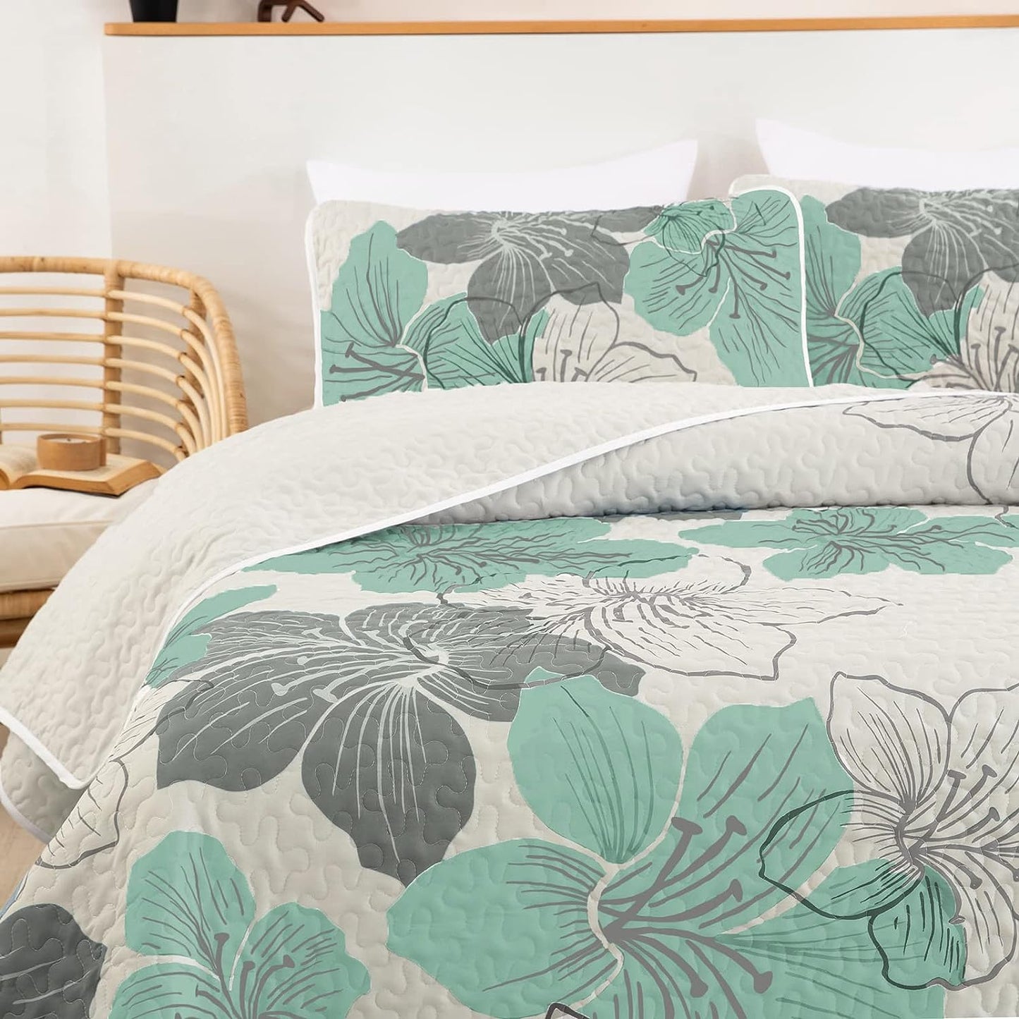 Green Bohemian Floral 3 Piece Bedding Quilt Set