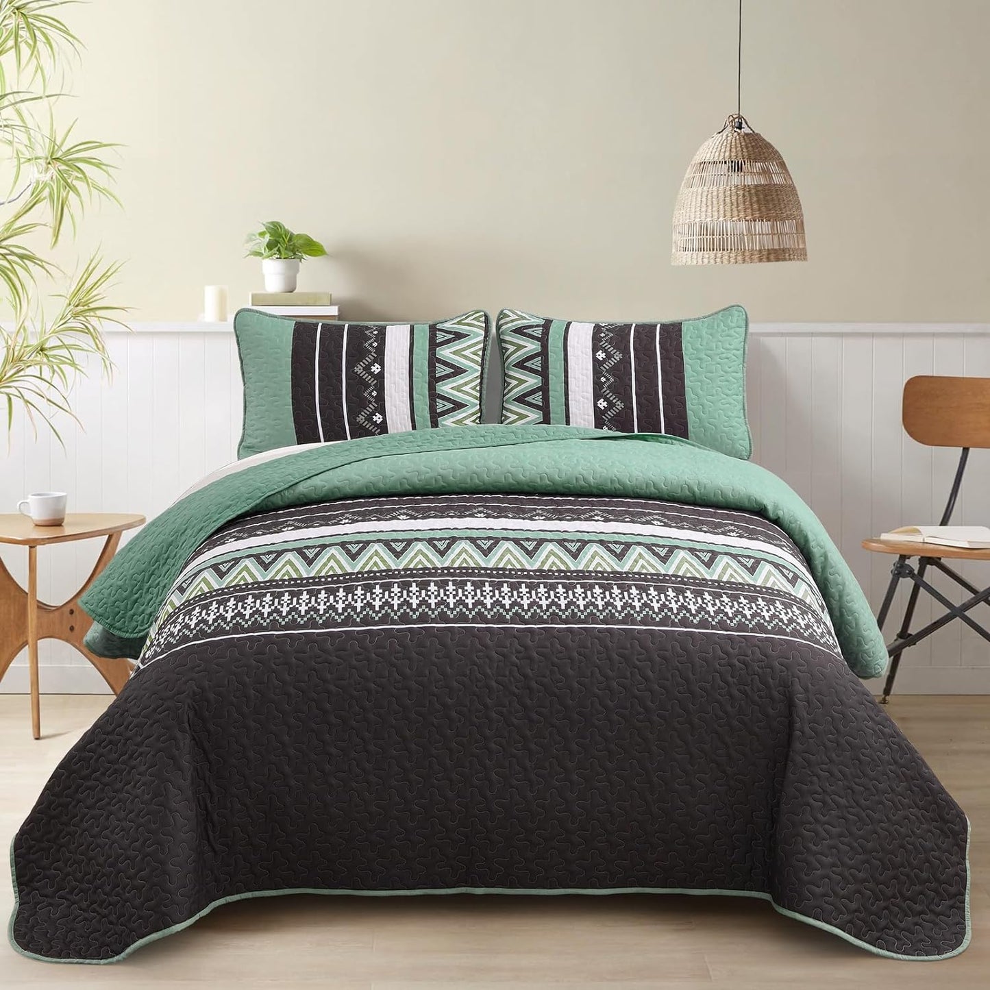 Boho Sage Green Reversible 3 Piece Quilt Set