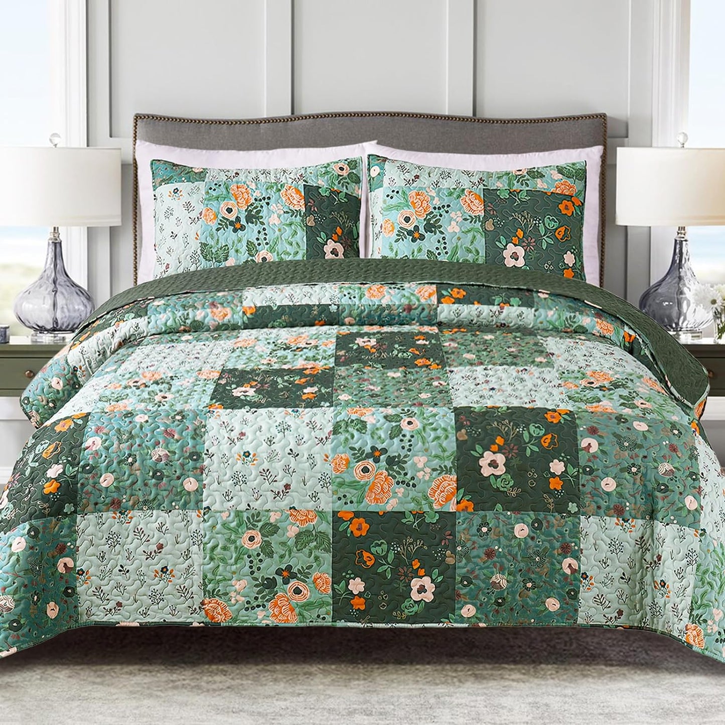 Green Floral Patchwork 3 Piece Bedding Quilt Set