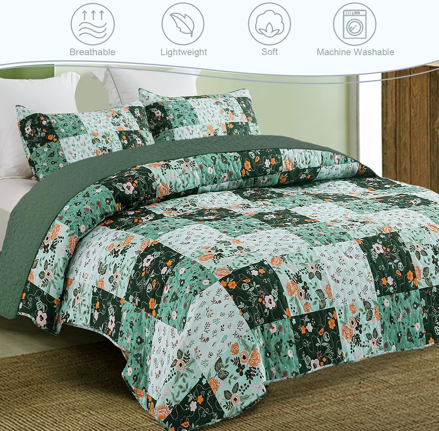 Green Floral Patchwork 3 Piece Bedding Quilt Set