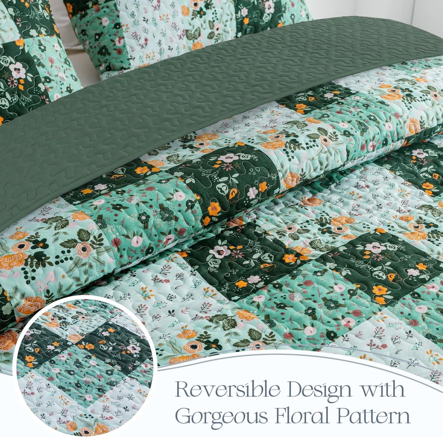 Green Floral Patchwork 3 Piece Bedding Quilt Set