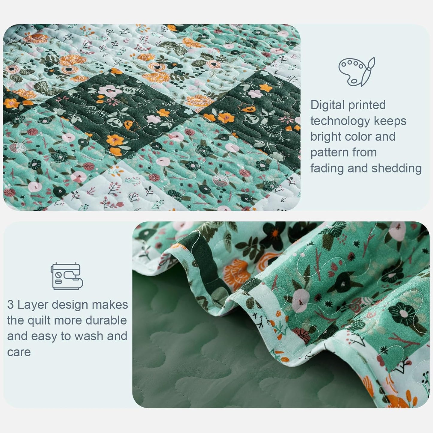 Green Floral Patchwork 3 Piece Bedding Quilt Set