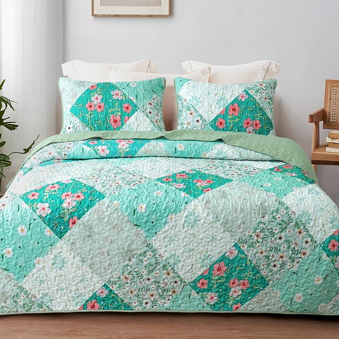 Ensemble de literie 3 pièces patchwork floral bleu et vert