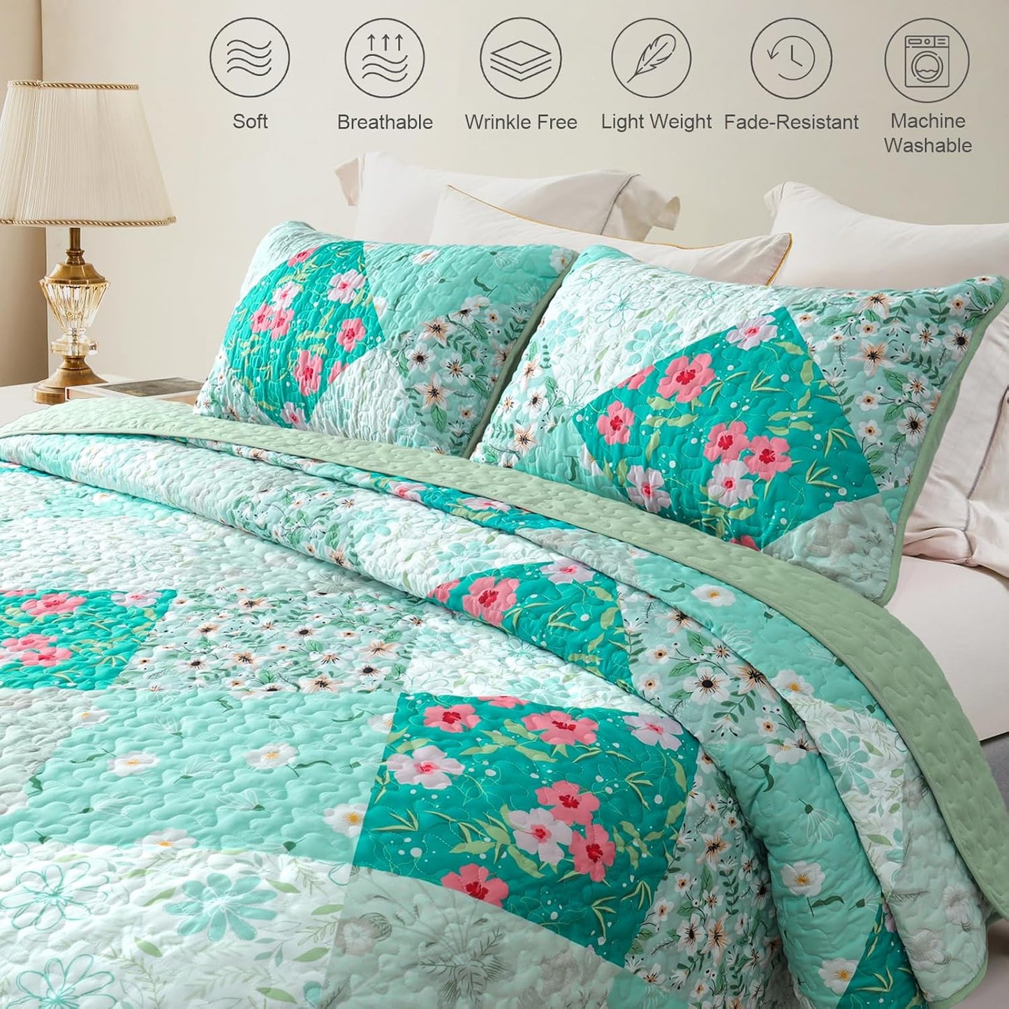 Ensemble de literie 3 pièces patchwork floral bleu et vert