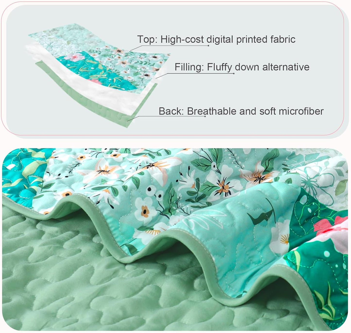 Ensemble de literie 3 pièces patchwork floral bleu et vert