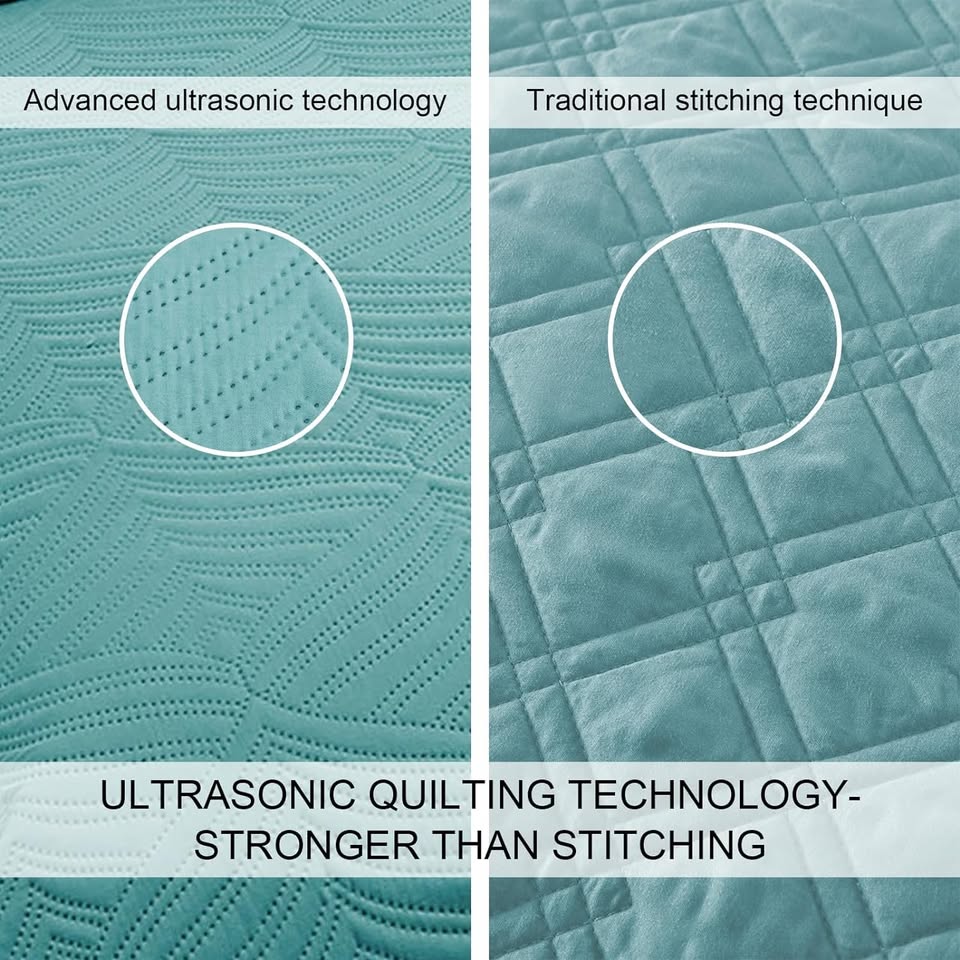 Green Patterned 3 Piece Lightweight Bedding Quilt Set