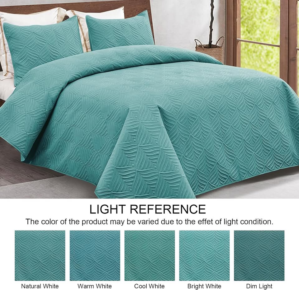 Green Patterned 3 Piece Lightweight Bedding Quilt Set