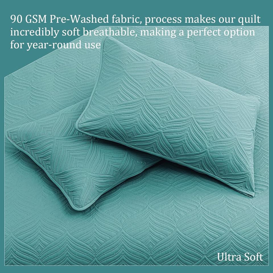 Green Patterned 3 Piece Lightweight Bedding Quilt Set