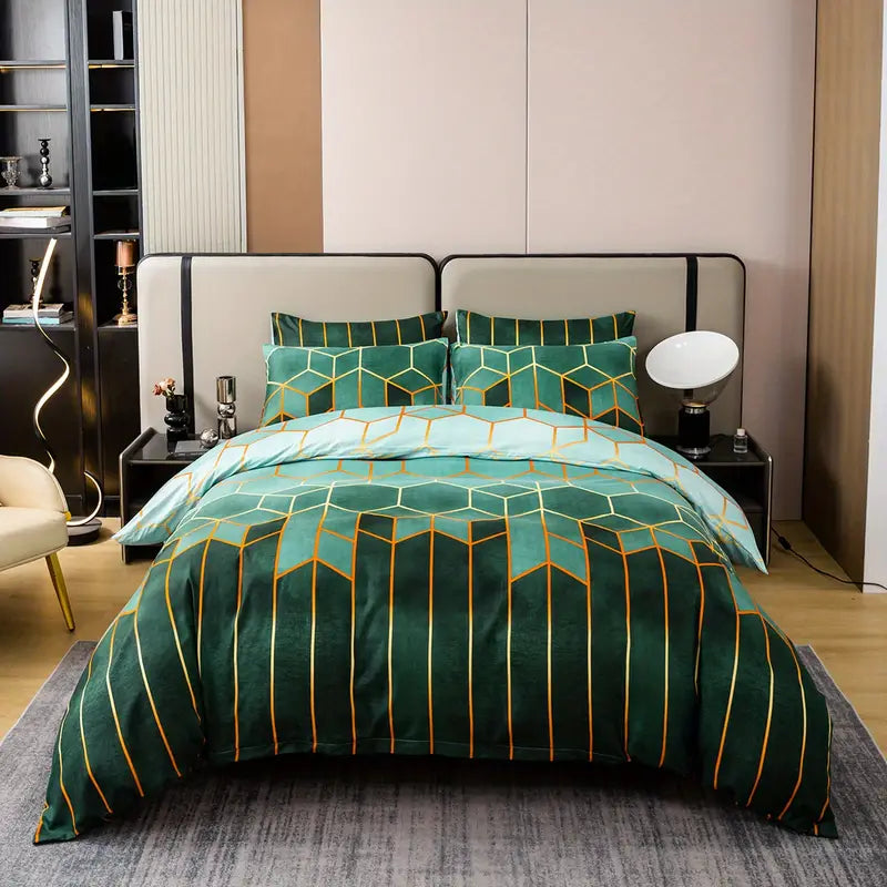 Retro Geometric Green & Gold - 3 Piece Duvet Cover Set
