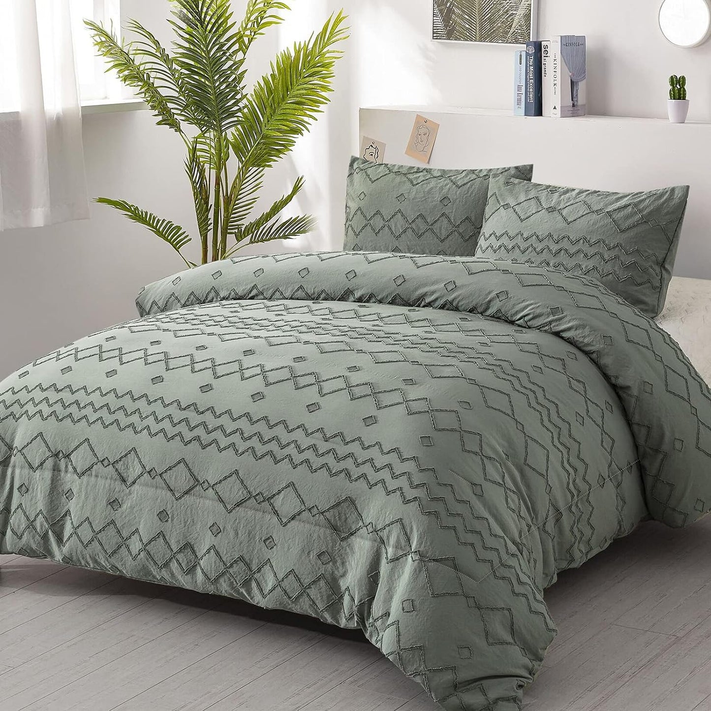 Boho Green Tufted Embroidery 3 Piece Comforter Set