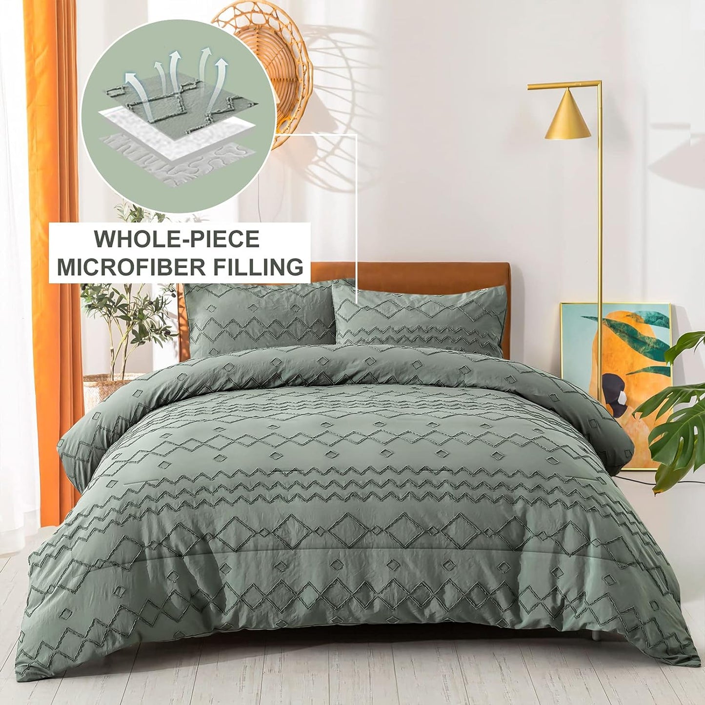 Boho Green Tufted Embroidery 3 Piece Comforter Set