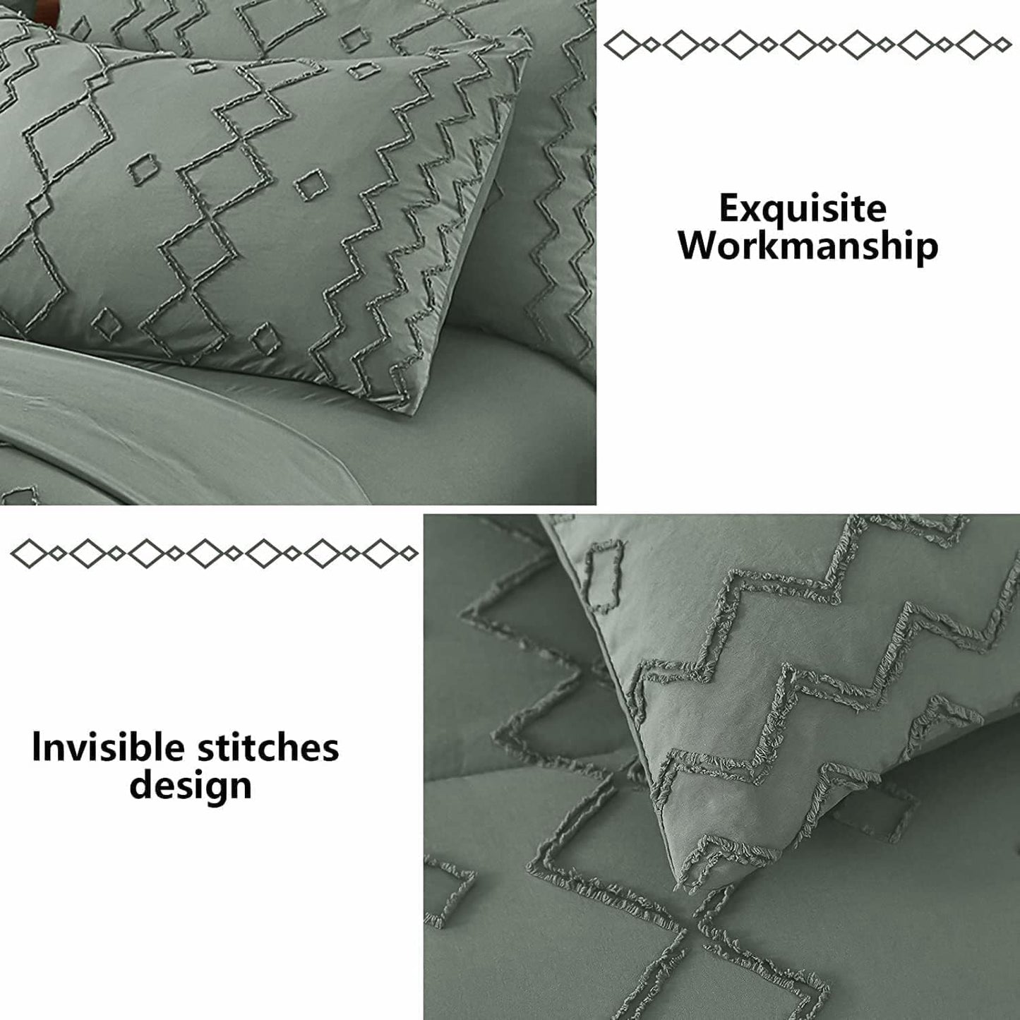 Boho Green Tufted Embroidery 3 Piece Comforter Set