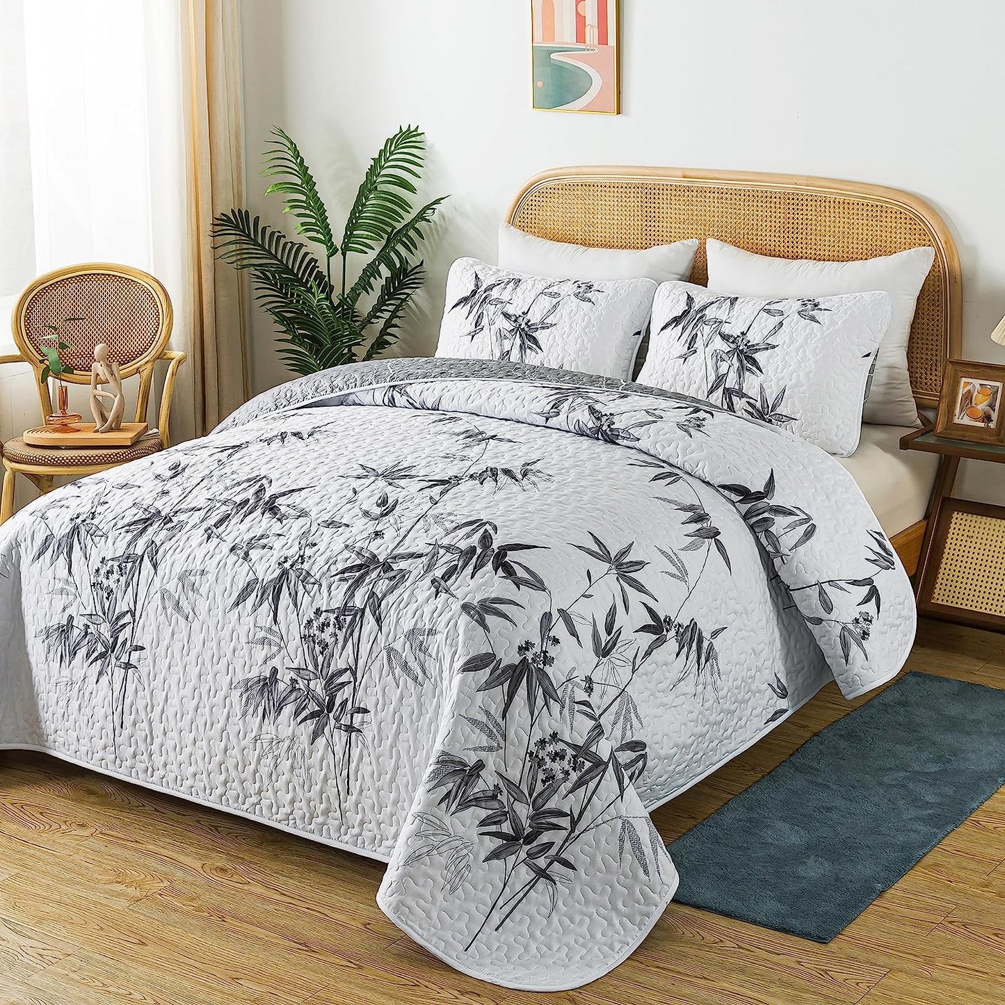 Botanical Grey Leaves Reversible 3 Piece Bedding Quilt Set
