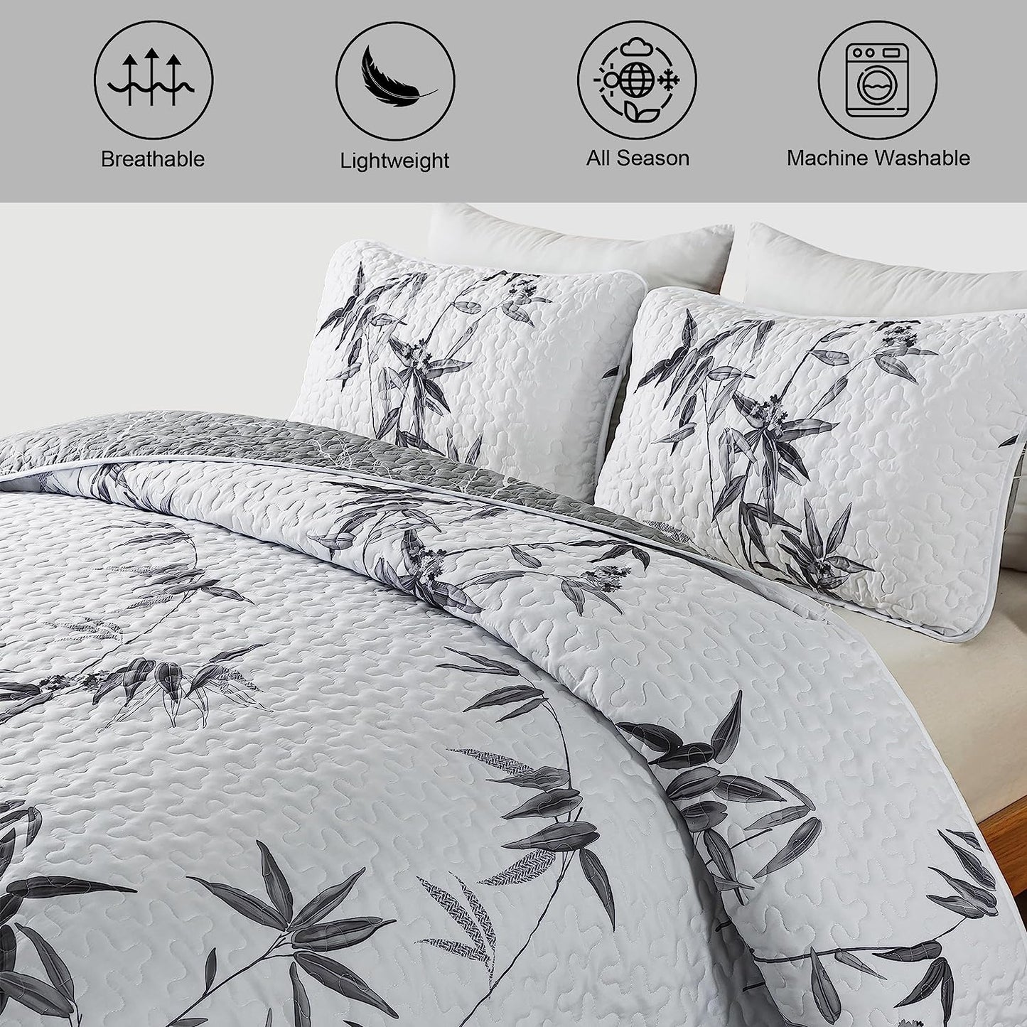 Botanical Grey Leaves Reversible 3 Piece Bedding Quilt Set