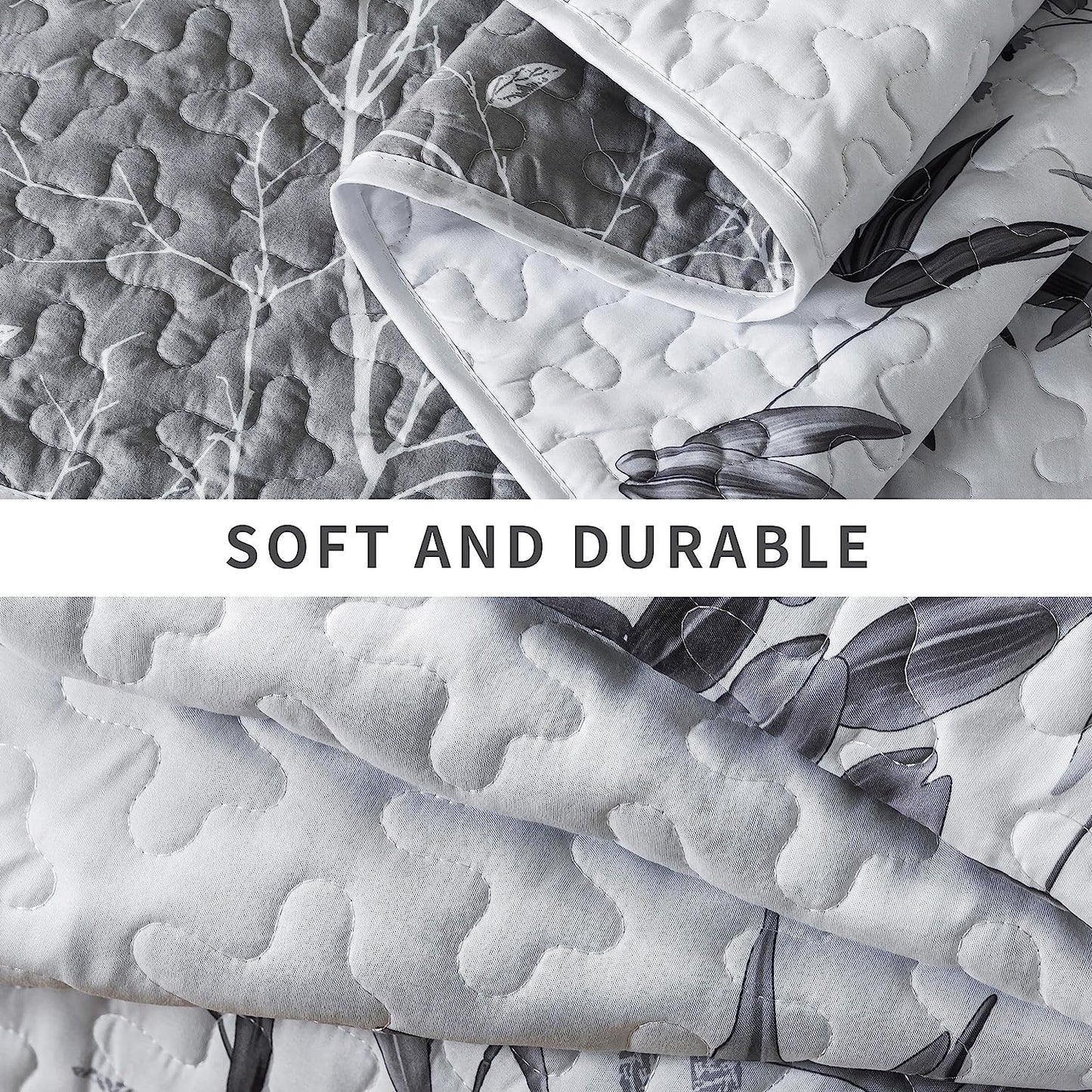 Botanical Grey Leaves Reversible 3 Piece Bedding Quilt Set