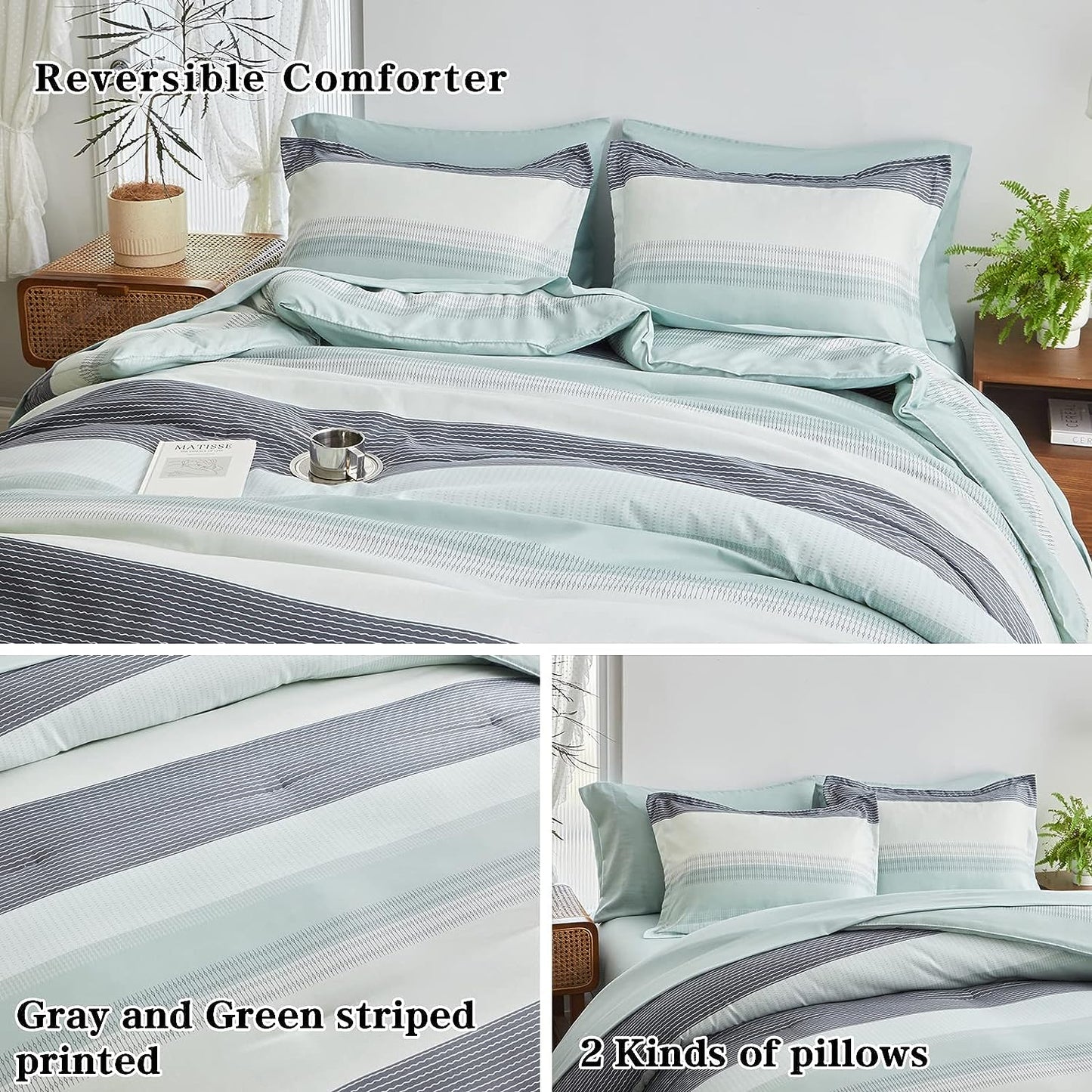 Boho Striped Grey/Green/White Reversible 7 Piece Comforter Set
