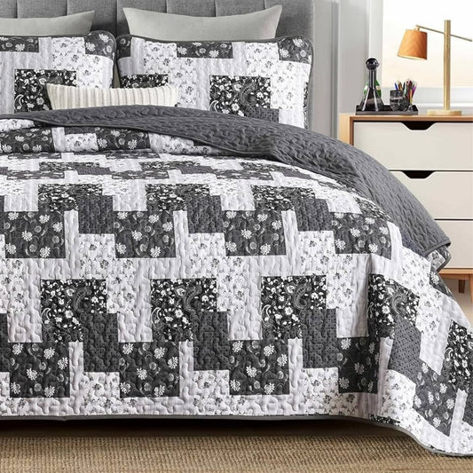 Grey Floral Paisley Patchwork 3 Piece Bedding Quilt Set