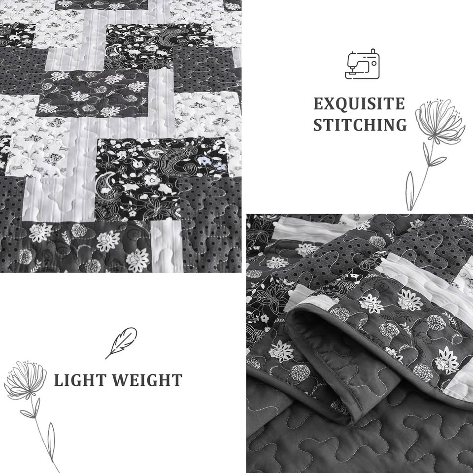 Grey Floral Paisley Patchwork 3 Piece Bedding Quilt Set