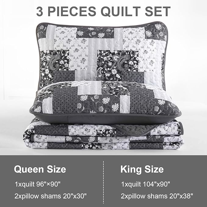 Grey Floral Paisley Patchwork 3 Piece Bedding Quilt Set