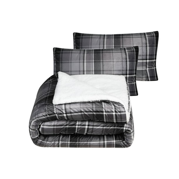 Black/Grey Plaid Sherpa 3 Piece Comforter Set