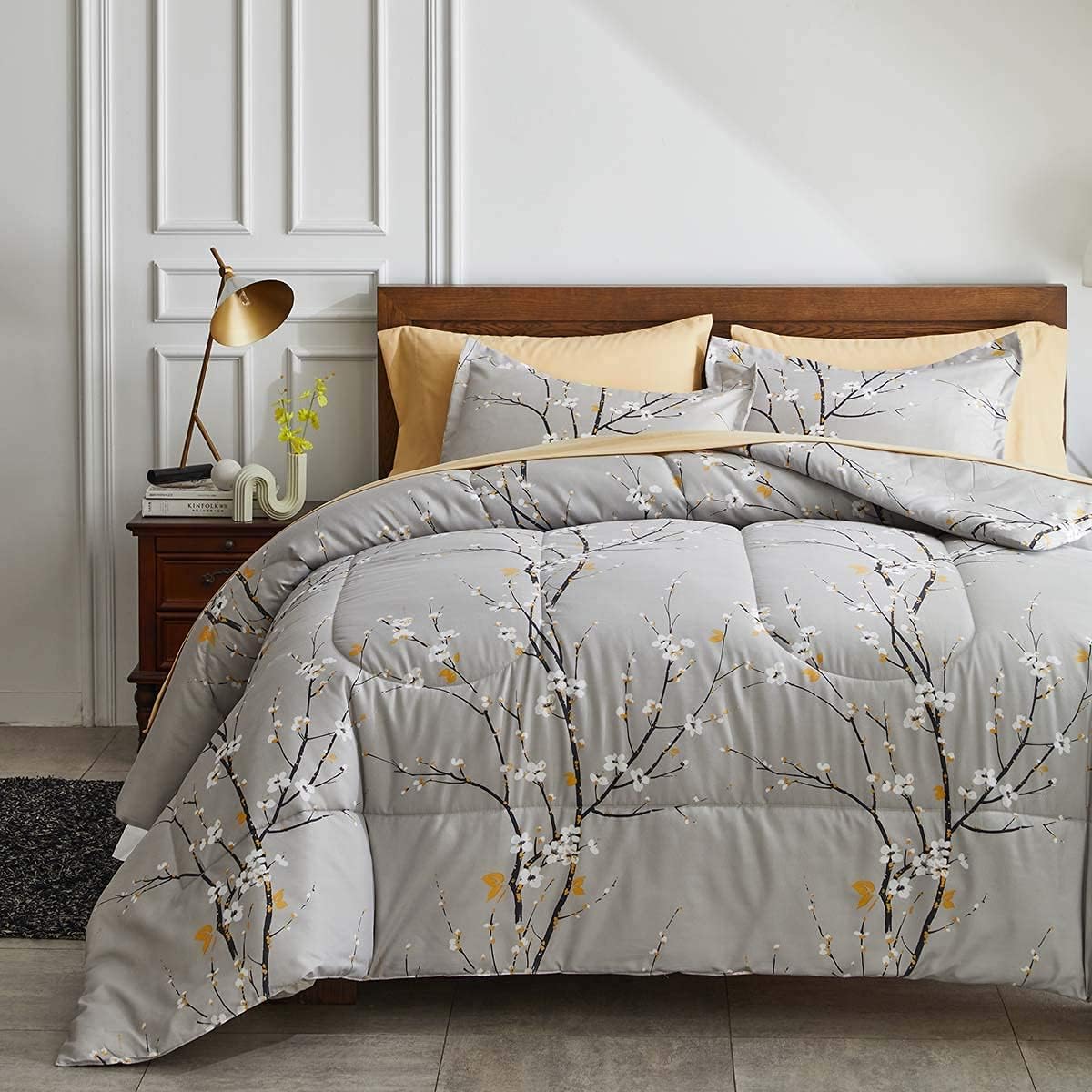 Botanical Grey & Tan Floral Branches 7 Piece Comforter Set