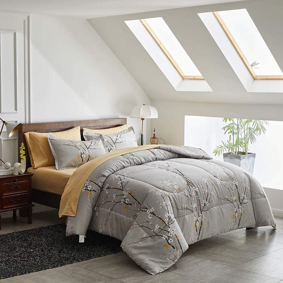 Botanical Grey & Tan Floral Branches 7 Piece Comforter Set