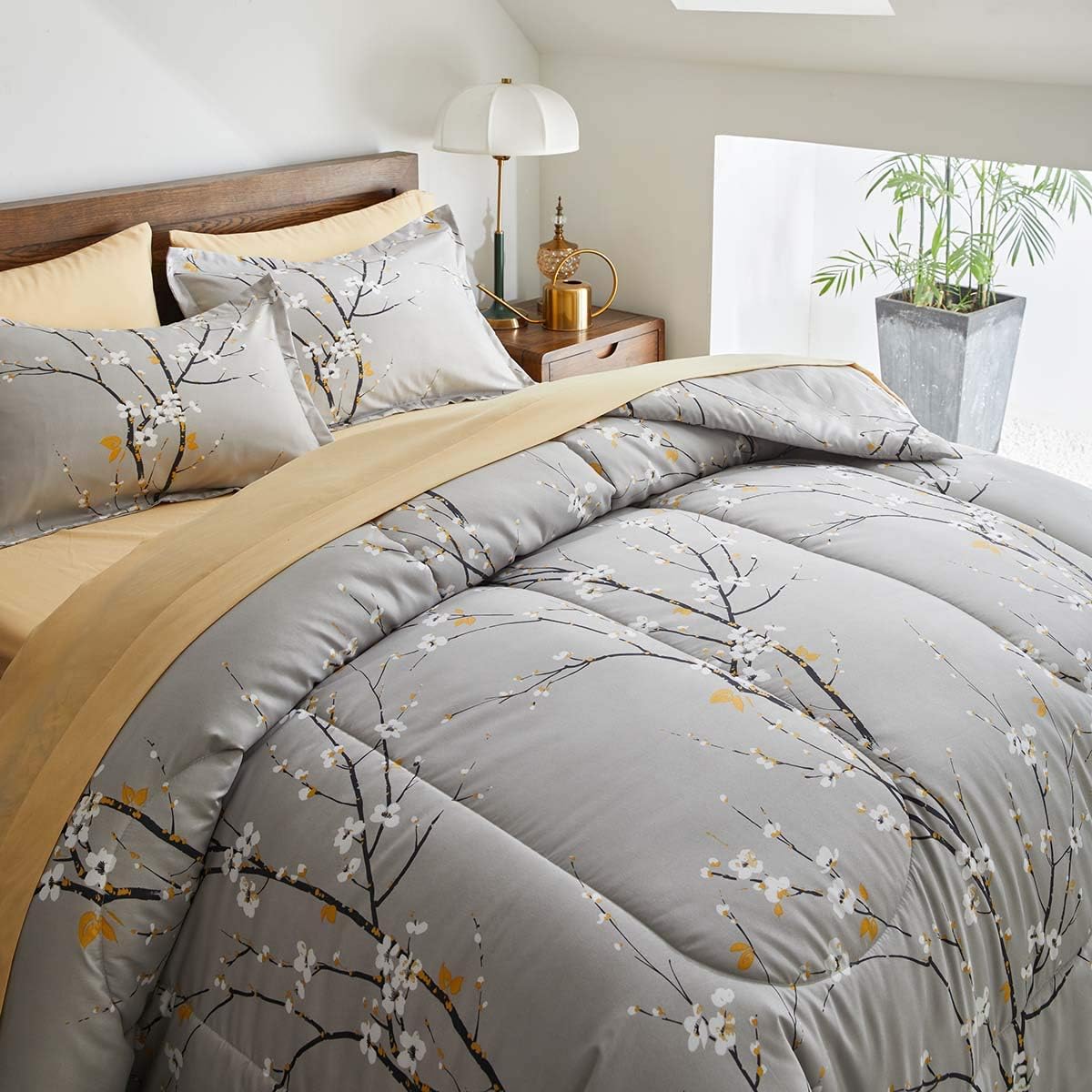 Botanical Grey & Tan Floral Branches 7 Piece Comforter Set