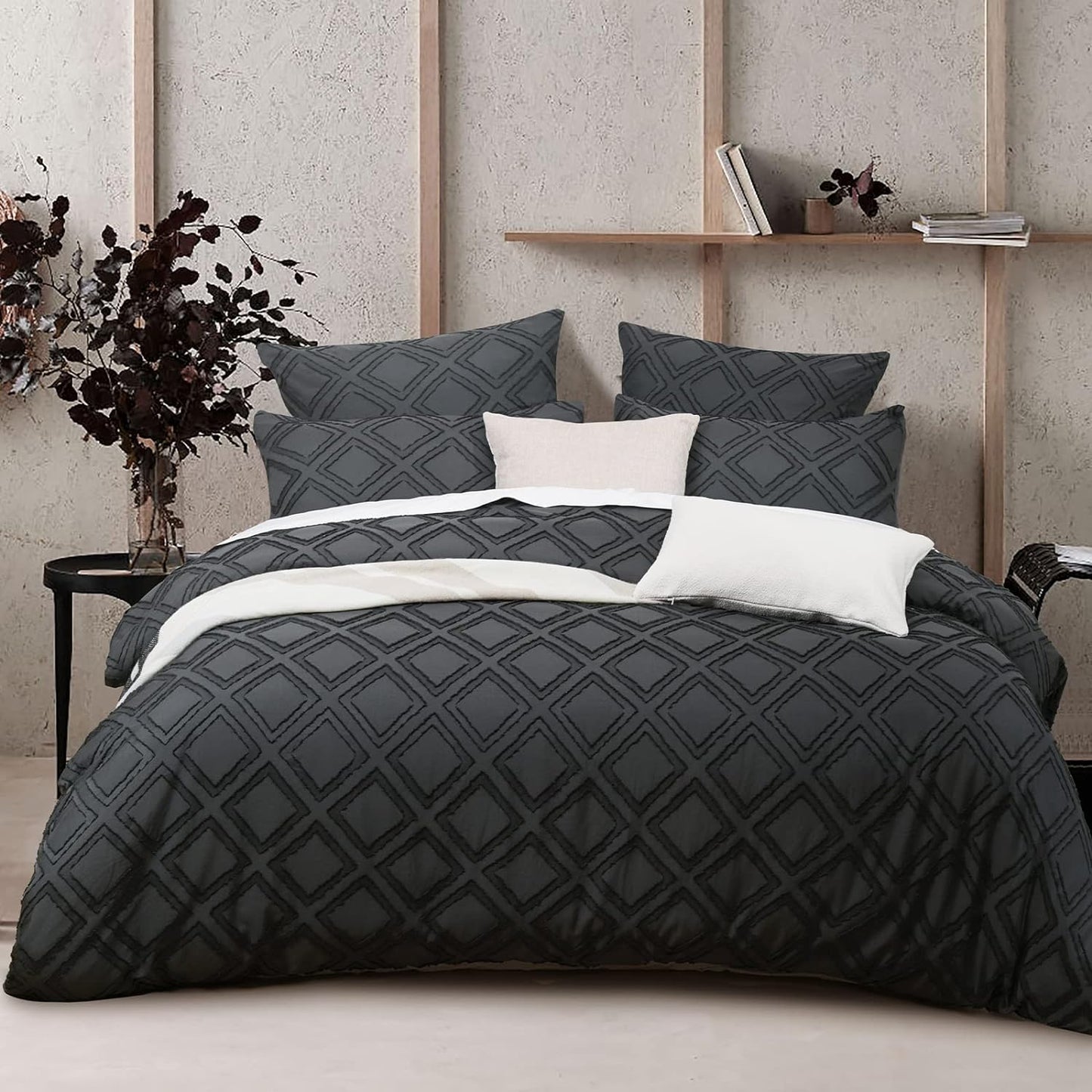 Dark Grey Diamond Tufted 3 Piece Duvet Cover Set