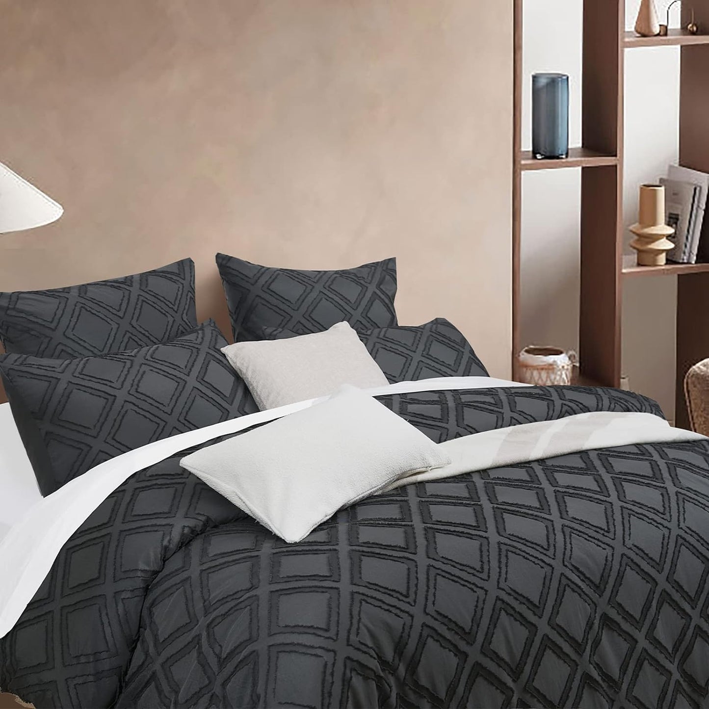 Dark Grey Diamond Tufted 3 Piece Duvet Cover Set