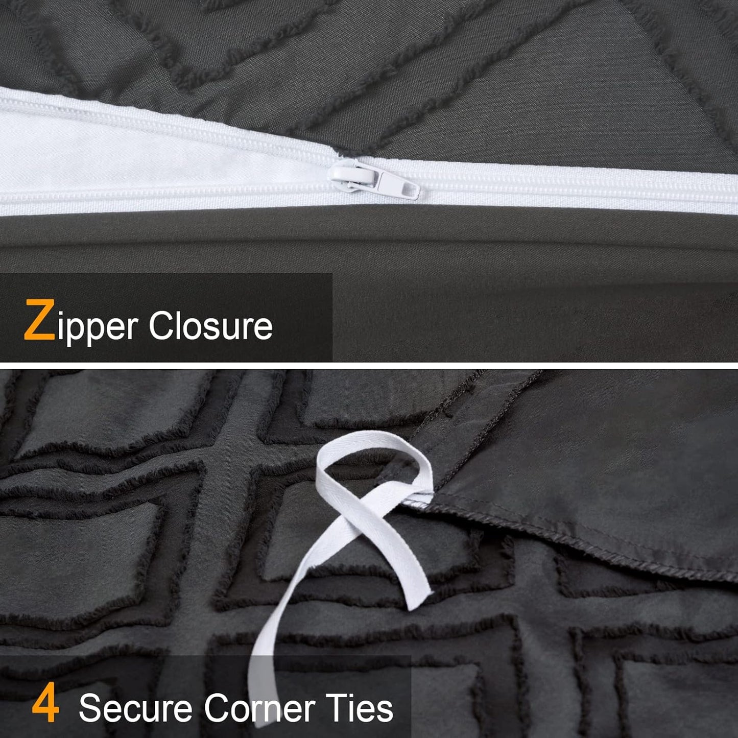 Dark Grey Diamond Tufted 3 Piece Duvet Cover Set