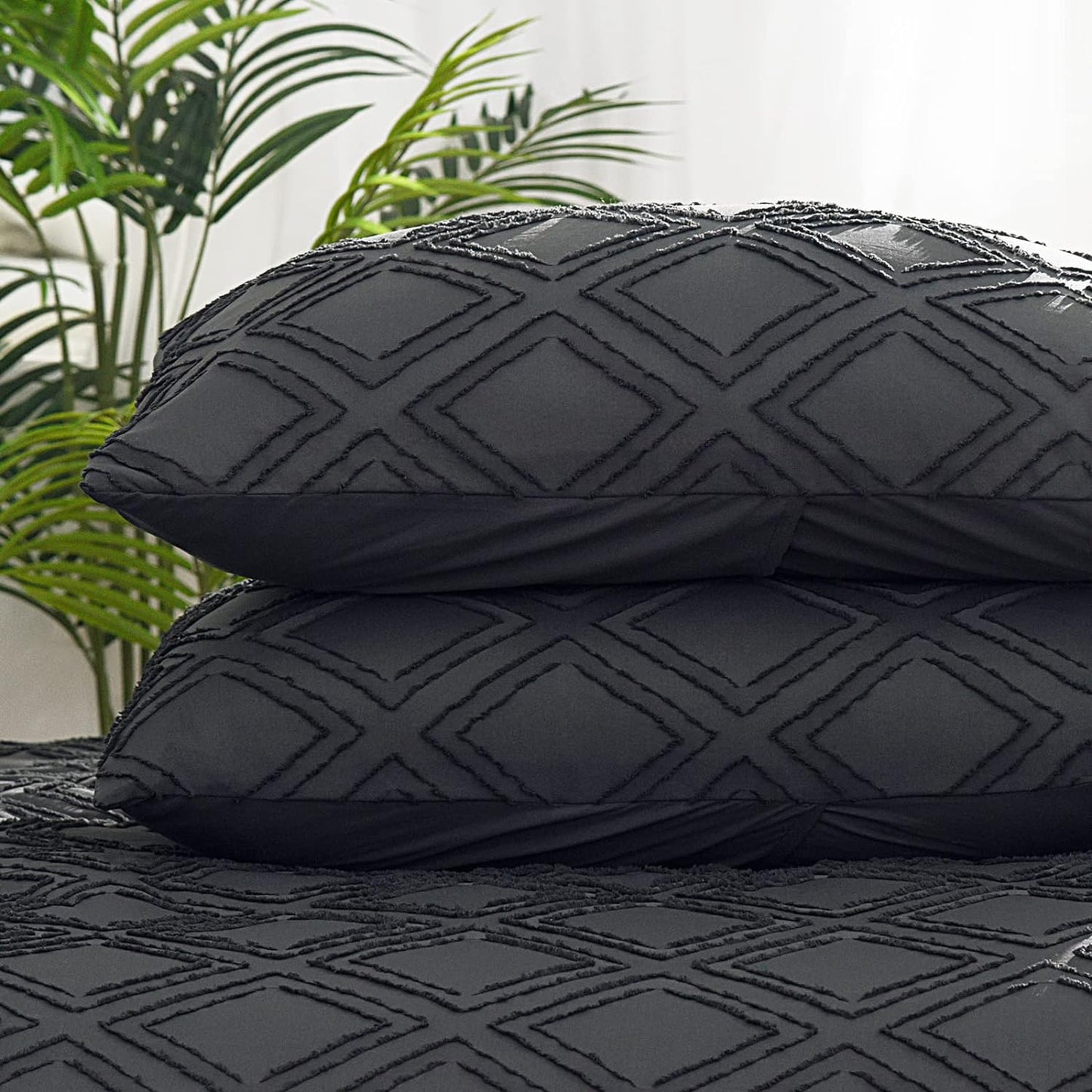 Dark Grey Diamond Tufted 3 Piece Duvet Cover Set