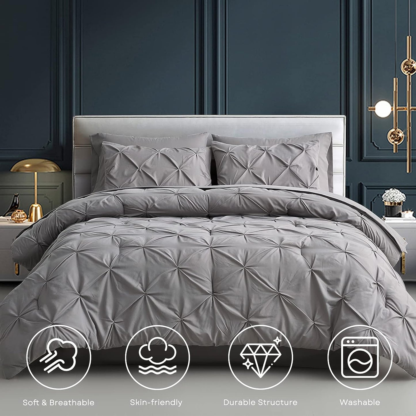 Light Grey Pinch Pleated 7 Piece Comforter Set
