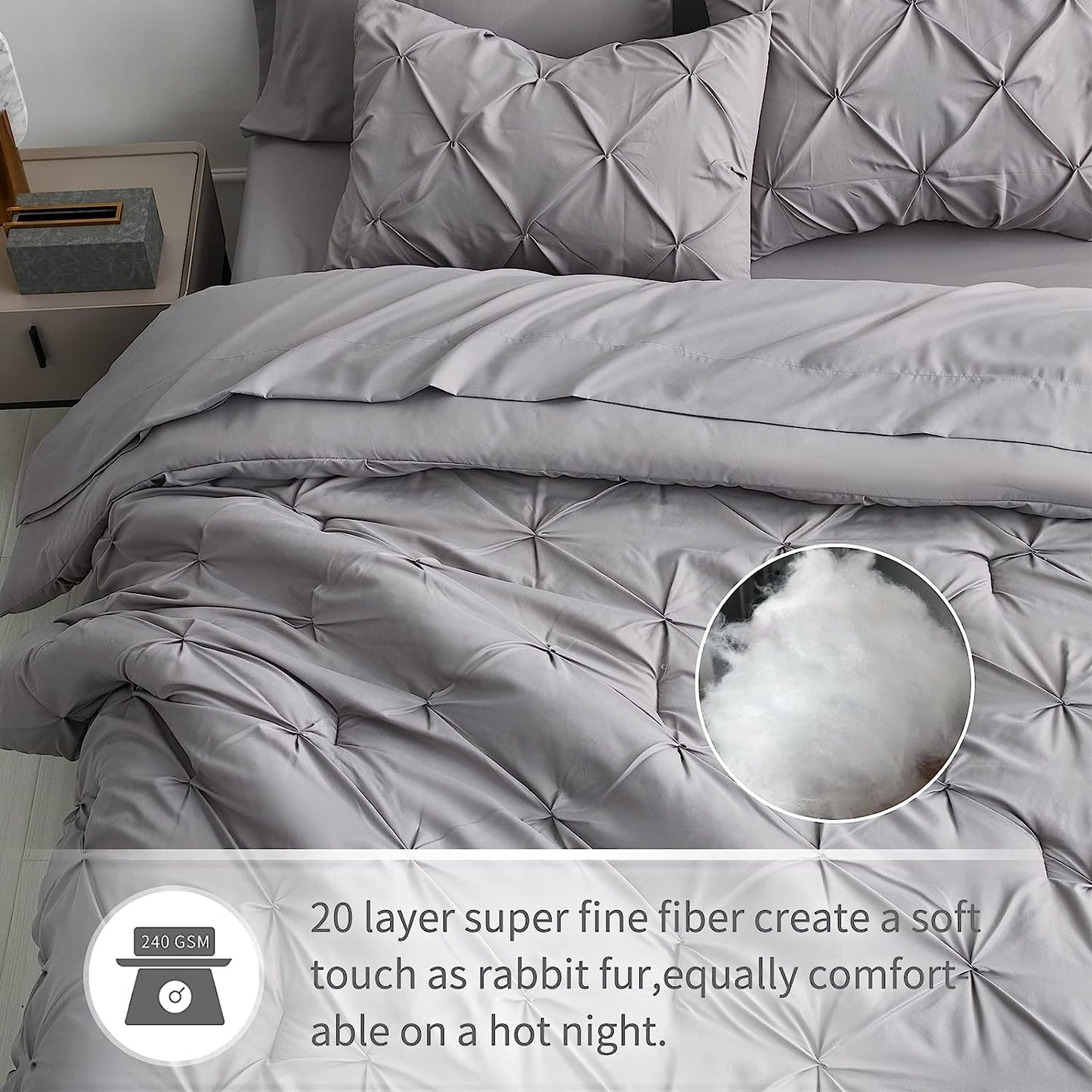 Light Grey Pinch Pleated 7 Piece Comforter Set