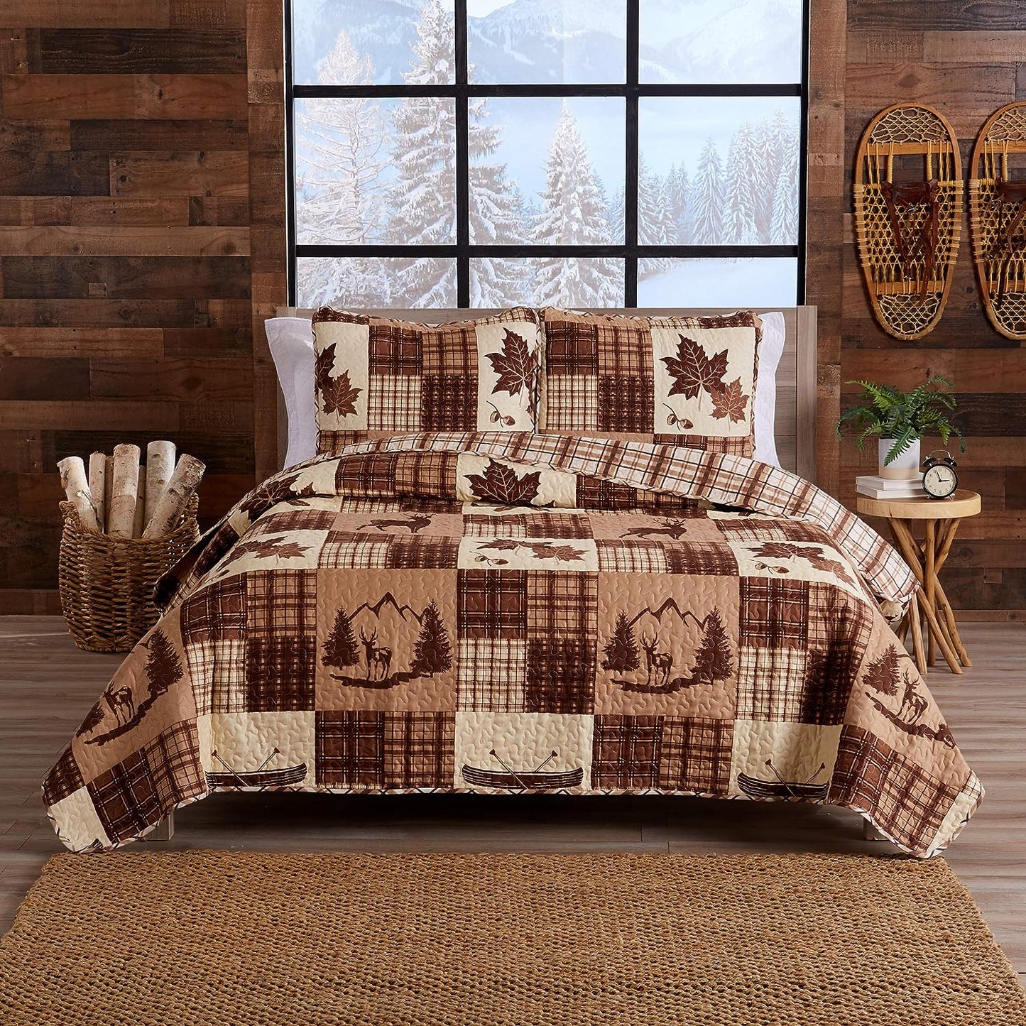 Lodge Leaves Brown Patchwork 3 Piece Bedspread Set