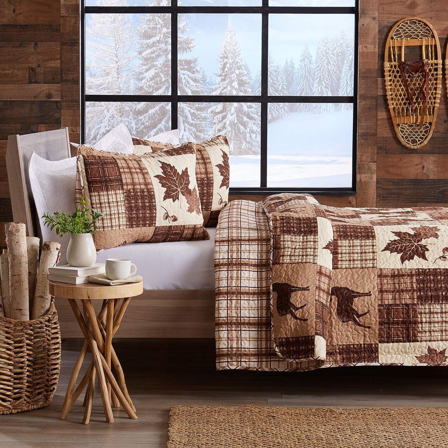 Lodge Leaves Brown Patchwork 3 Piece Bedspread Set