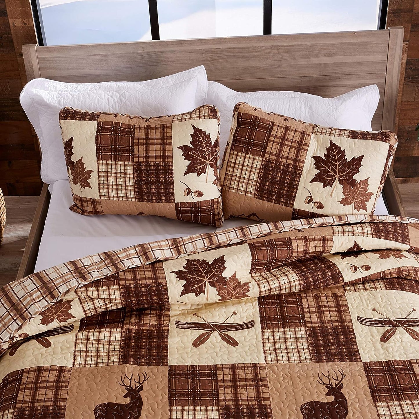 Lodge Leaves Brown Patchwork 3 Piece Bedspread Set
