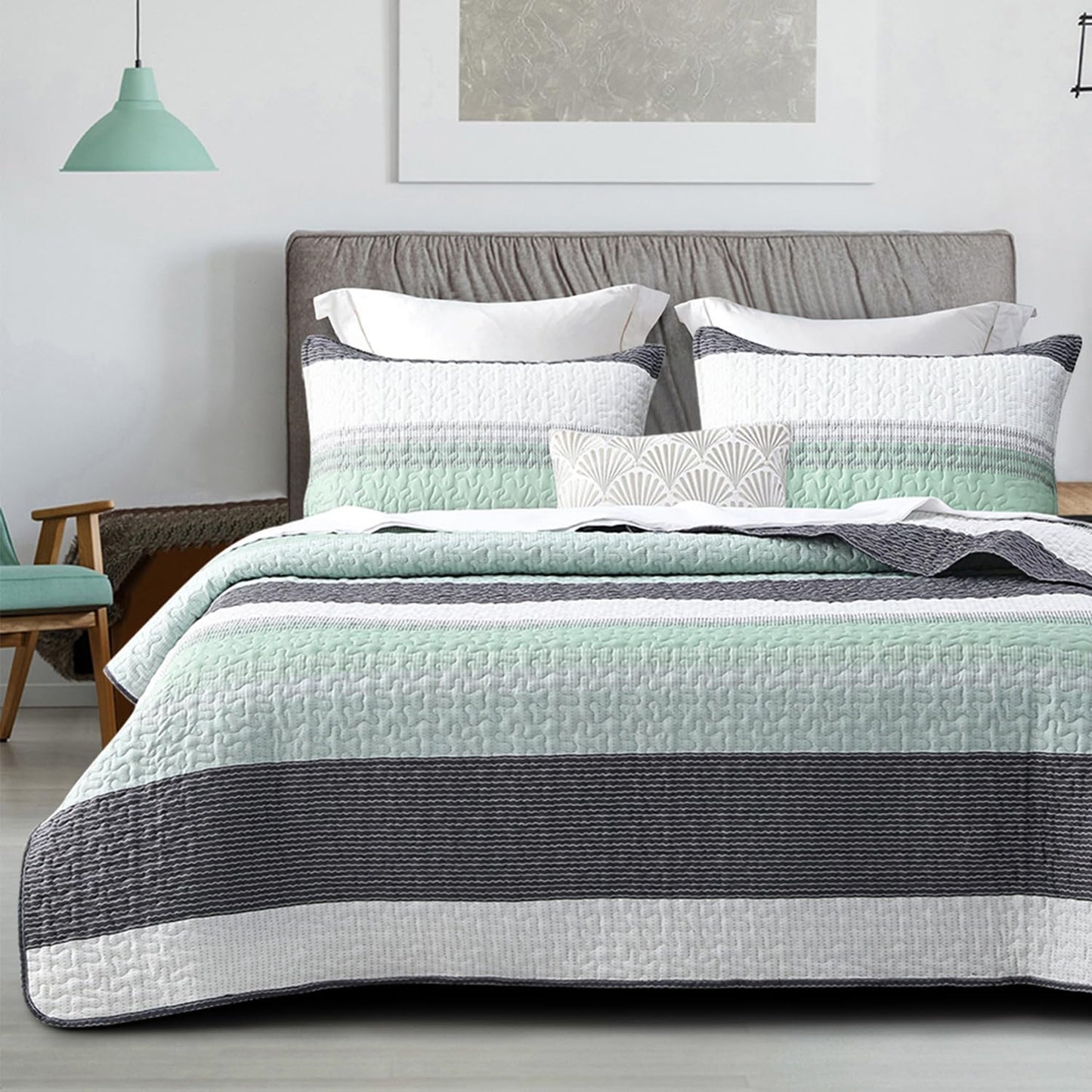 Boho Mint Green & Grey Reversible 2/3 Piece Bedding Quilt Set