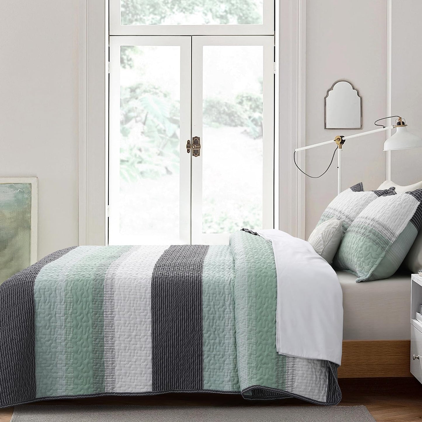 Boho Mint Green & Grey Reversible 2/3 Piece Bedding Quilt Set