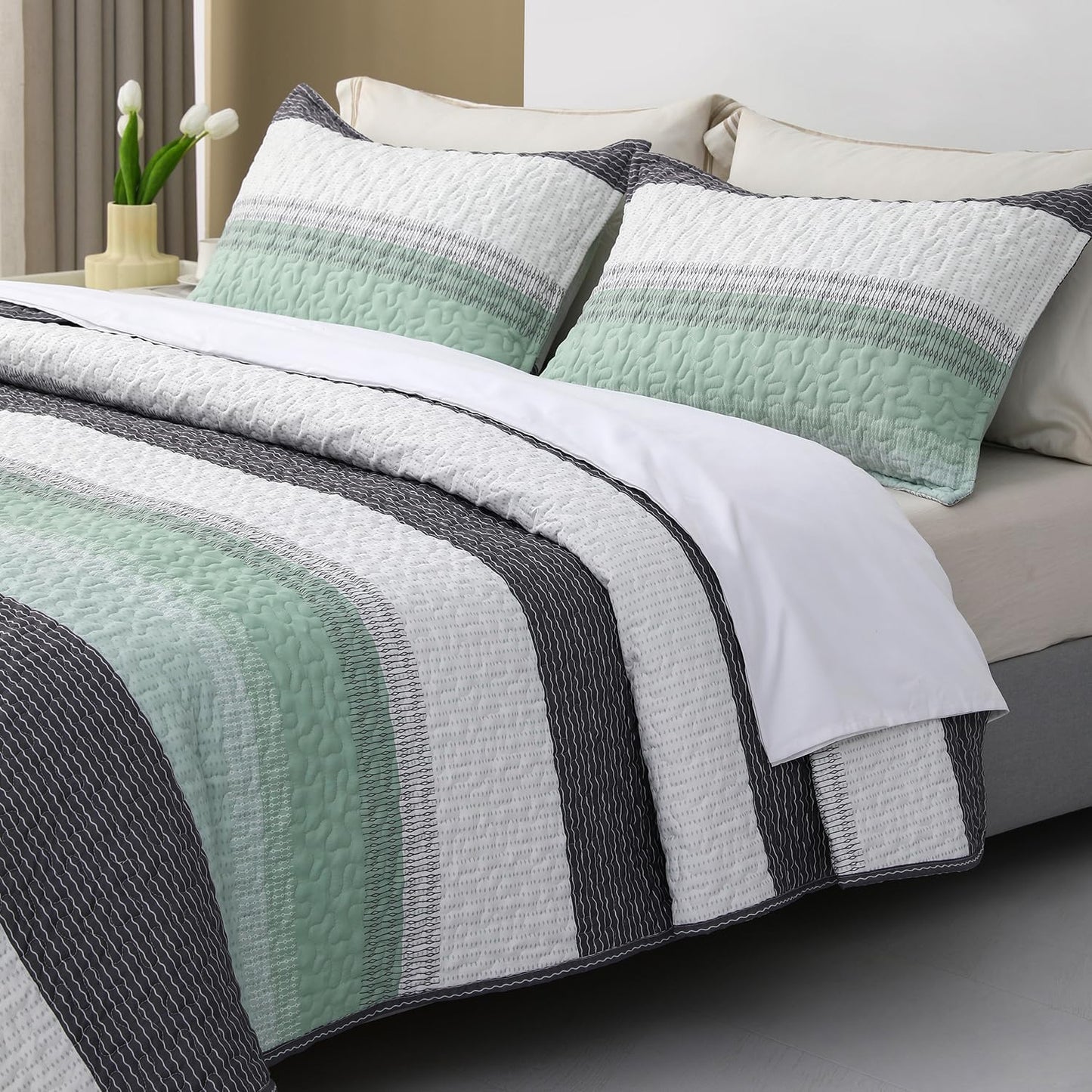 Boho Mint Green & Grey Reversible 2/3 Piece Bedding Quilt Set