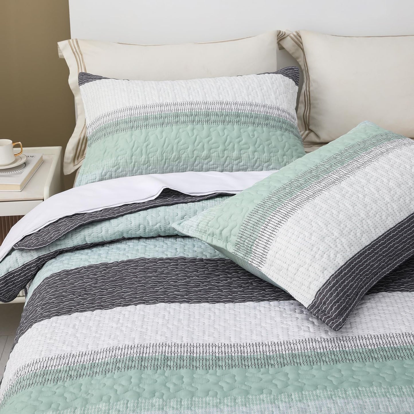 Boho Mint Green & Grey Reversible 2/3 Piece Bedding Quilt Set