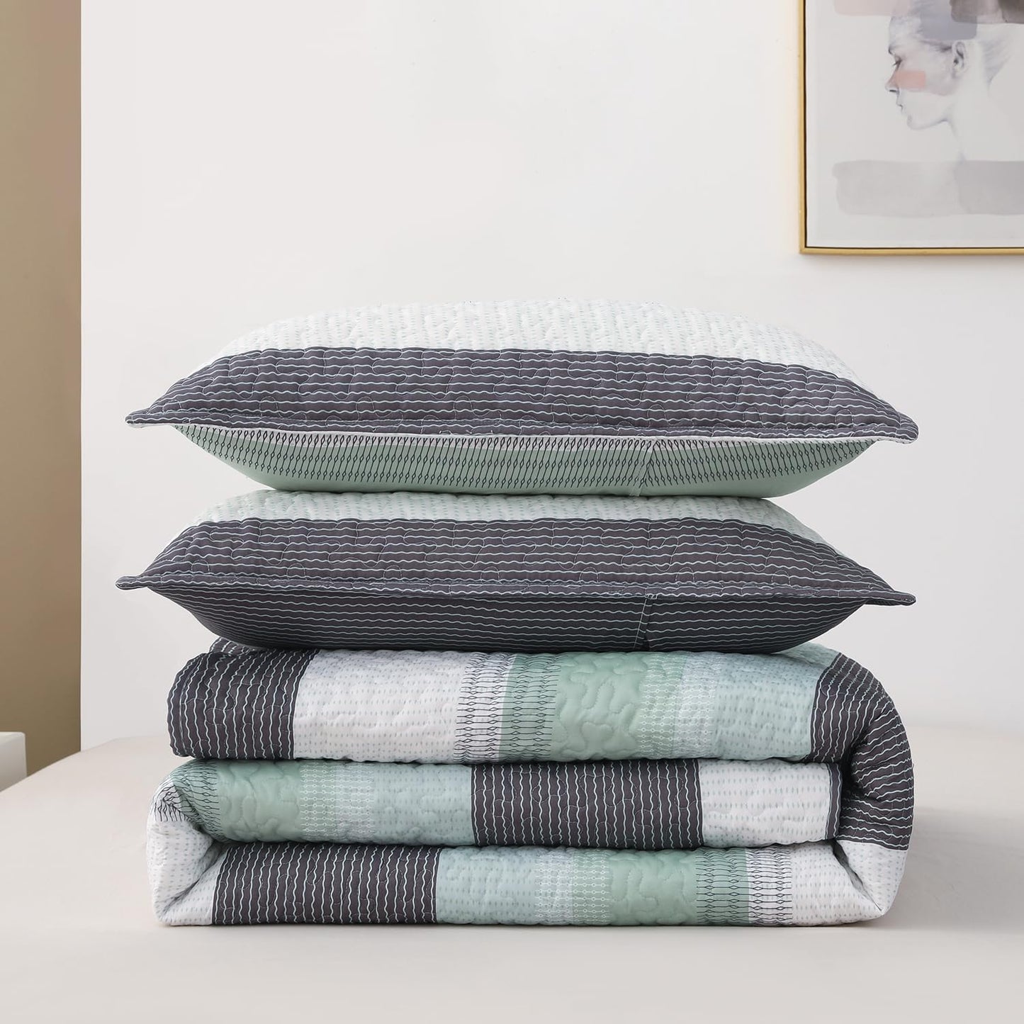 Boho Mint Green & Grey Reversible 2/3 Piece Bedding Quilt Set