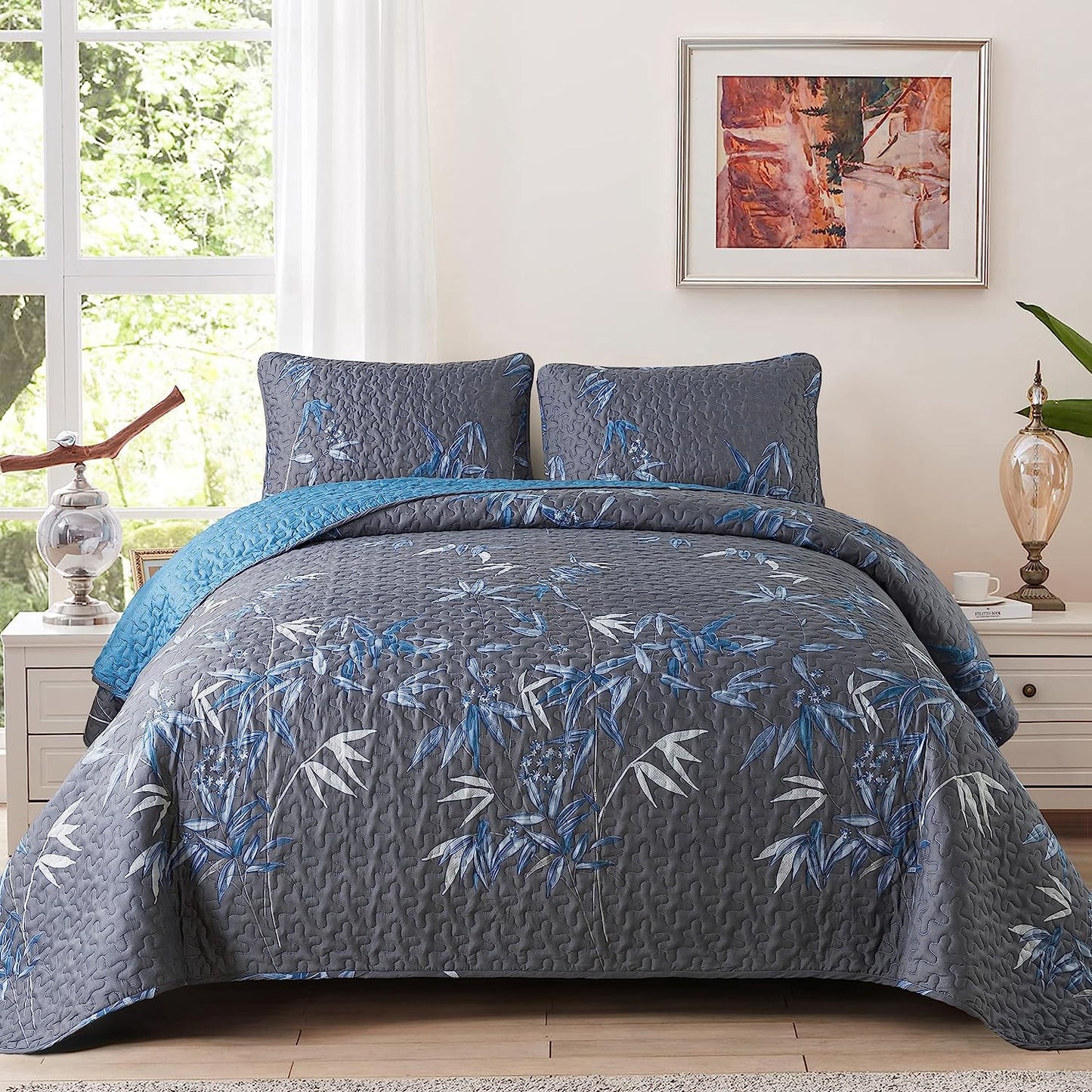 Botanical Navy Leaves Reversible 3 Piece Bedding Quilt Set