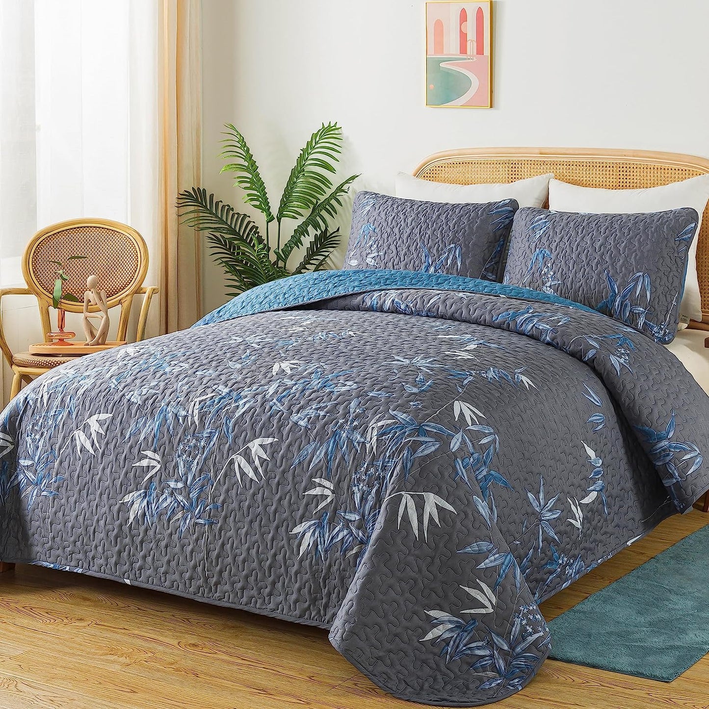 Botanical Navy Leaves Reversible 3 Piece Bedding Quilt Set