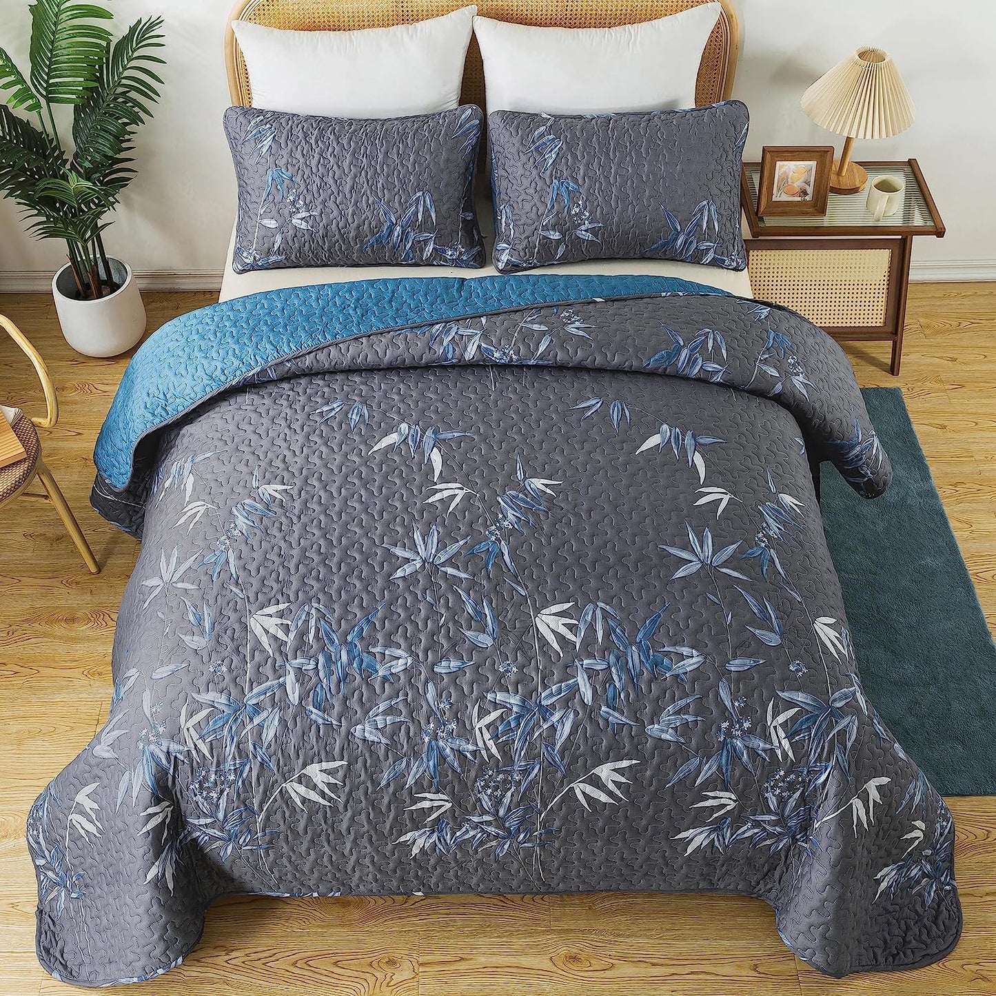 Botanical Navy Leaves Reversible 3 Piece Bedding Quilt Set