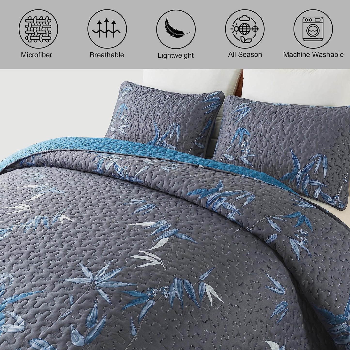 Botanical Navy Leaves Reversible 3 Piece Bedding Quilt Set