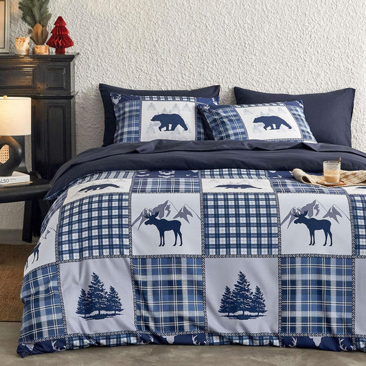 Navy Blue Lodge Patchwork Plaid 3 Piece Comforter Set