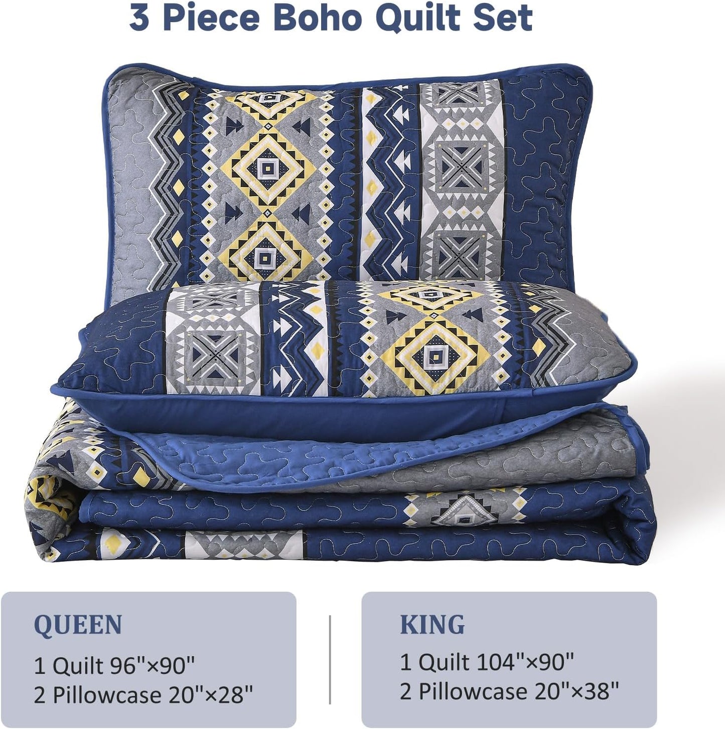 Boho Aztec Navy & Grey Reversible 3 Piece Quilt Set
